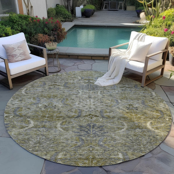Homeroots 3' Artichoke Green Gray Tan Damask Washable Area Rug For Indoor And Outdoor Spaces, Durable Design 8' Round Polyester 603337