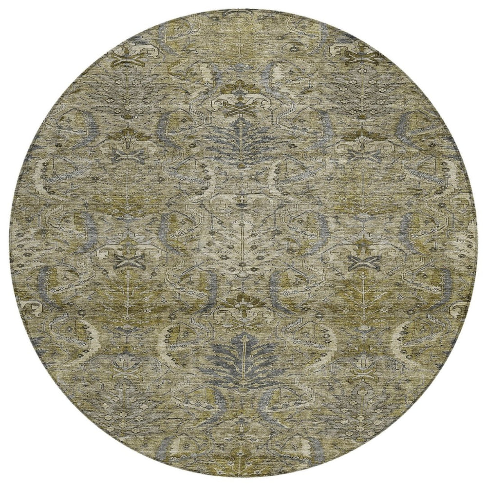 HomeRoots 5' Elegant Taupe and Gray Damask Washable Area Rug for Indoor and Outdoor High-Traffic Spaces 8' Round 603337