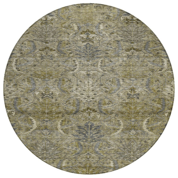 HomeRoots 5' Elegant Taupe and Gray Damask Washable Area Rug for Indoor and Outdoor High-Traffic Spaces 8' Round 603337