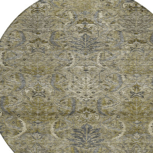 Homeroots 3' Artichoke Green Gray Tan Damask Washable Area Rug For Indoor And Outdoor Spaces, Durable Design 8' Round Polyester 603337