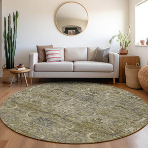 Homeroots 3' Artichoke Green Gray Tan Damask Washable Area Rug For Indoor And Outdoor Spaces, Durable Design 8' Round Polyester 603337