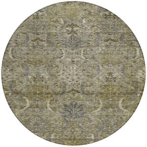 Homeroots 3' Artichoke Green Gray Tan Damask Washable Area Rug For Indoor And Outdoor Spaces, Durable Design 8' Round Polyester 603337
