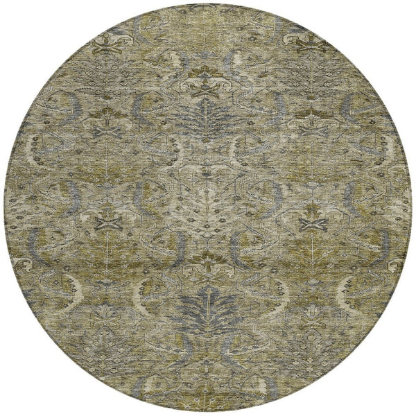 Homeroots 3' Artichoke Green Gray Tan Damask Washable Area Rug For Indoor And Outdoor Spaces, Durable Design 8' Round Polyester 603337