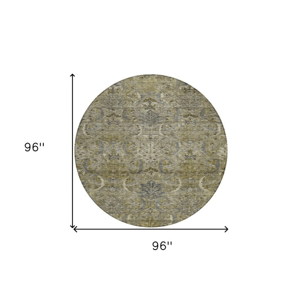 Homeroots 3' Artichoke Green Gray Tan Damask Washable Area Rug For Indoor And Outdoor Spaces, Durable Design 8' Round Polyester 603337