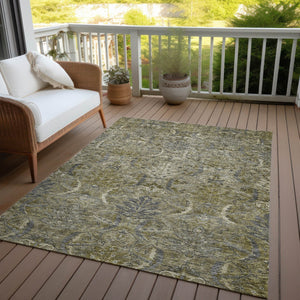Homeroots 3' Artichoke Green Gray Tan Damask Washable Area Rug For Indoor And Outdoor Spaces, Durable Design 8' X 10' Polyester 603338