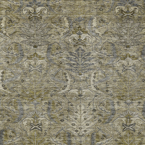Homeroots 3' Artichoke Green Gray Tan Damask Washable Area Rug For Indoor And Outdoor Spaces, Durable Design 8' X 10' Polyester 603338