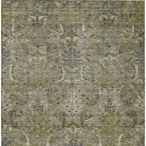 Homeroots 3' Artichoke Green Gray Tan Damask Washable Area Rug For Indoor And Outdoor Spaces, Durable Design 9' X 12' Polyester 603339