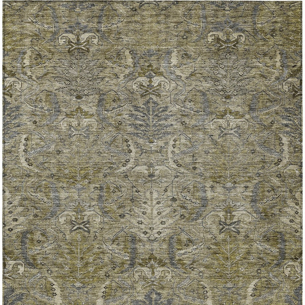 Homeroots 3' Artichoke Green Gray Tan Damask Washable Area Rug For Indoor And Outdoor Spaces, Durable Design 9' X 12' Polyester 603339