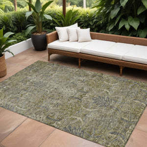 Homeroots 3' Artichoke Green Gray Tan Damask Washable Area Rug For Indoor And Outdoor Spaces, Durable Design 10' X 14' Polyester 603340