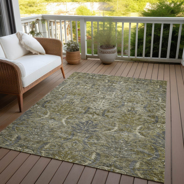 Homeroots 3' Artichoke Green Gray Tan Damask Washable Area Rug For Indoor And Outdoor Spaces, Durable Design 10' X 14' Polyester 603340