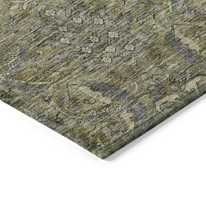 Homeroots 3' Artichoke Green Gray Tan Damask Washable Area Rug For Indoor And Outdoor Spaces, Durable Design 10' X 14' Polyester 603340