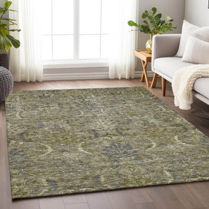 Homeroots 3' Artichoke Green Gray Tan Damask Washable Area Rug For Indoor And Outdoor Spaces, Durable Design 10' X 14' Polyester 603340
