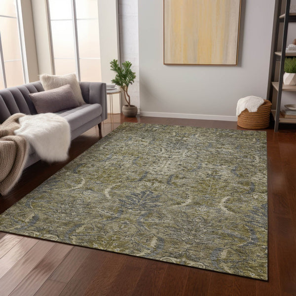 Homeroots 3' Artichoke Green Gray Tan Damask Washable Area Rug For Indoor And Outdoor Spaces, Durable Design 10' X 14' Polyester 603340