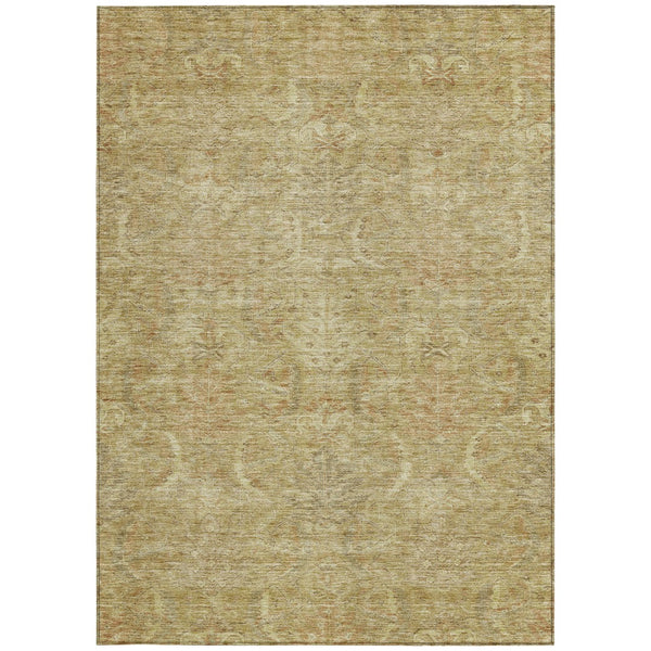 Homeroots 3' Artichoke Green Gray Tan Damask Washable Area Rug For Indoor And Outdoor Spaces, Durable Design 3' X 5' Polyester 603341