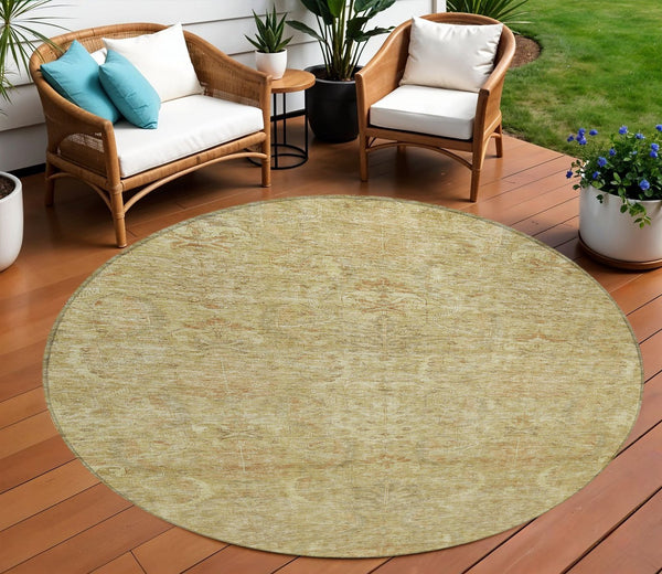 Homeroots 3' Artichoke Green Gray Tan Damask Washable Area Rug For Indoor And Outdoor Spaces, Durable Design 8' Round Polyester 603343