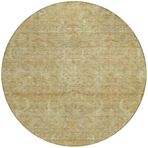 Homeroots 3' Artichoke Green Gray Tan Damask Washable Area Rug For Indoor And Outdoor Spaces, Durable Design 8' Round Polyester 603343