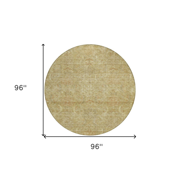 Homeroots 3' Artichoke Green Gray Tan Damask Washable Area Rug For Indoor And Outdoor Spaces, Durable Design 8' Round Polyester 603343