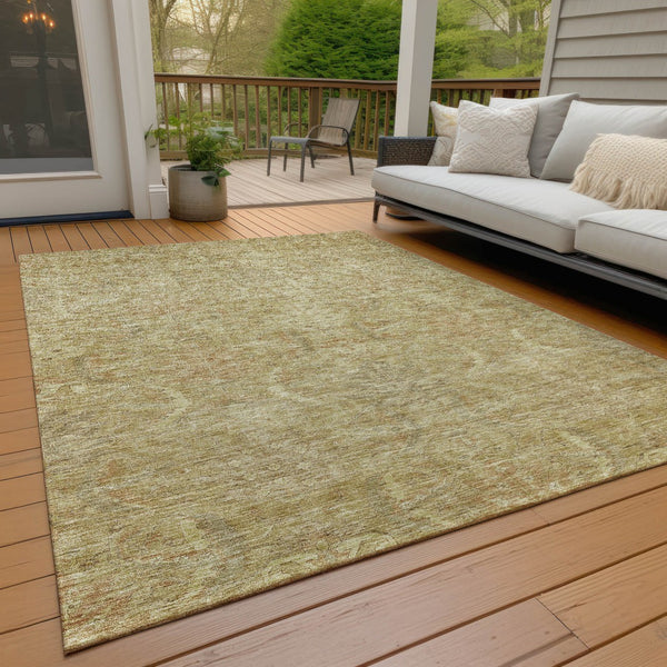 Homeroots 3' Artichoke Green Gray Tan Damask Washable Area Rug For Indoor And Outdoor Spaces, Durable Design 10' X 14' Polyester 603346