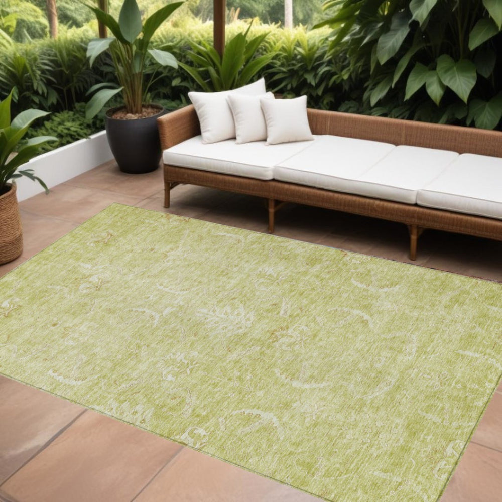 HomeRoots 5' Artichoke Green and Ivory Damask Indoor Outdoor Rug – Durable, Washable, Stylish for High-Traffic Areas 5' X 8' 603348