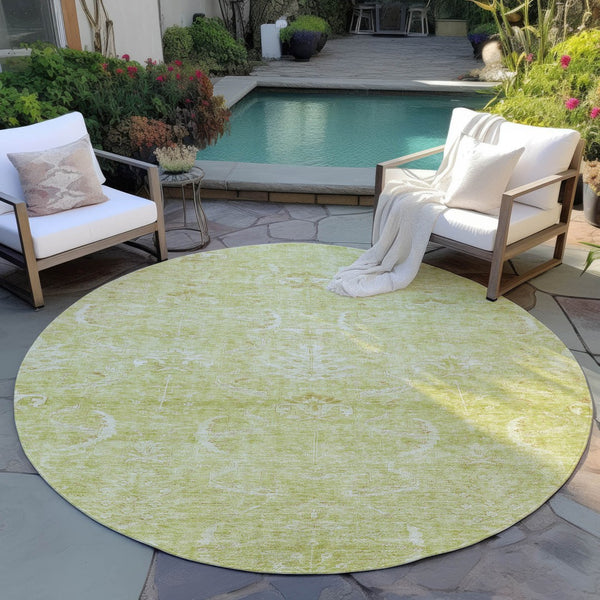 Homeroots 3' Artichoke Green And Ivory Damask Washable Area Rug For Stylish Indoor And Outdoor Spaces 8' Round Polyester 603349