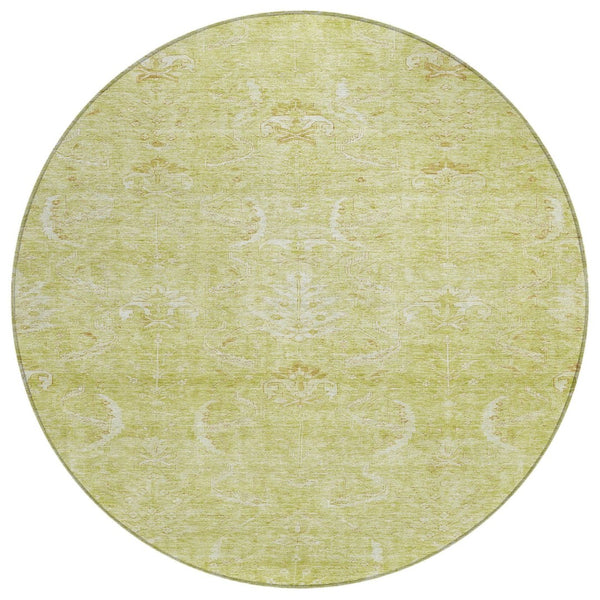 HomeRoots 5' Artichoke Green and Ivory Damask Indoor Outdoor Rug – Durable, Washable, Stylish for High-Traffic Areas 8' Round 603349