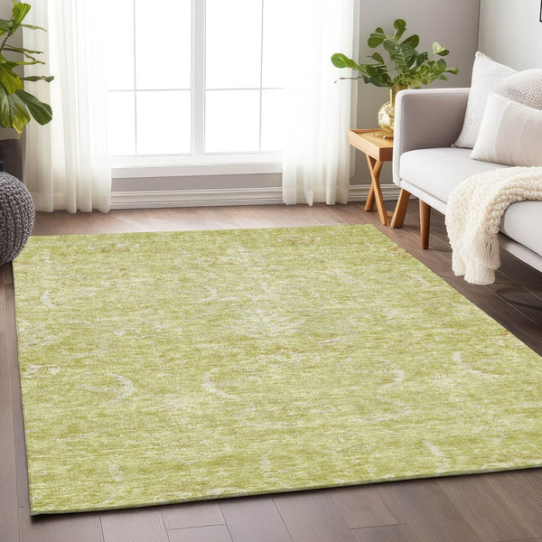 Homeroots 3' Artichoke Green And Ivory Damask Washable Area Rug For Stylish Indoor And Outdoor Spaces 10' X 14' Polyester 603352