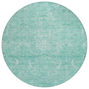 HomeRoots 5' Aqua and Ivory Damask Area Rug - Durable, Washable Design for Indoor and Outdoor Elegance 8' Round 603355