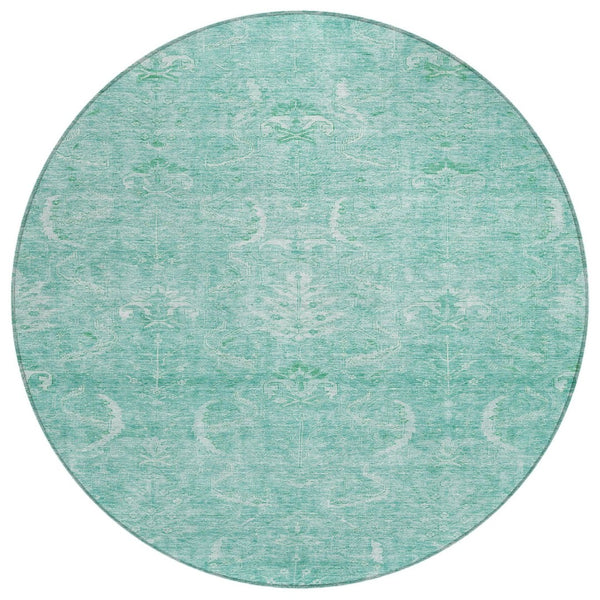 HomeRoots 5' Aqua and Ivory Damask Area Rug - Durable, Washable Design for Indoor and Outdoor Elegance 8' Round 603355