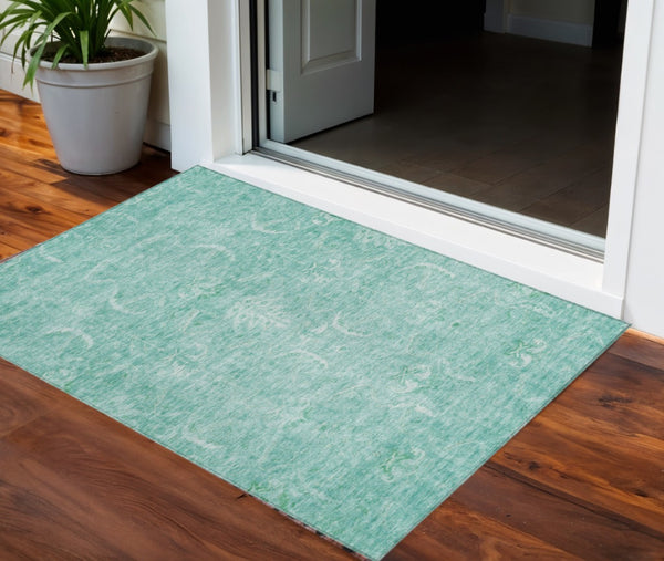 HomeRoots 5' Aqua and Ivory Damask Area Rug - Durable, Washable Design for Indoor and Outdoor Elegance 8' X 10' 603356