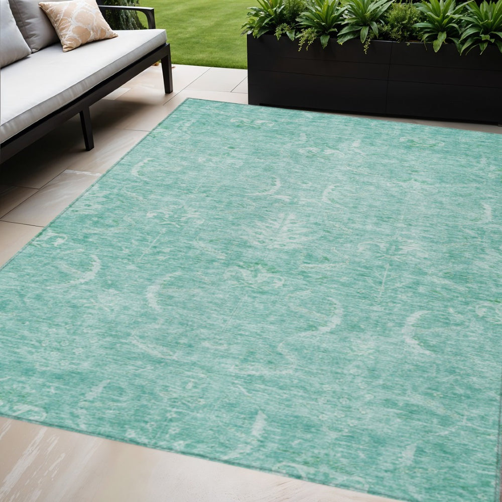 HomeRoots 5' Aqua and Ivory Damask Area Rug - Durable, Washable Design for Indoor and Outdoor Elegance 10' X 14' 603358