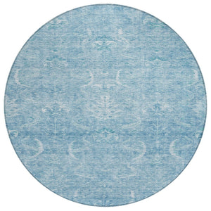 HomeRoots 5' Sky Blue and Ivory Damask Area Rug - Stylish, Washable, Indoor/Outdoor Carpet for High-Traffic Spaces 8' Round 603361