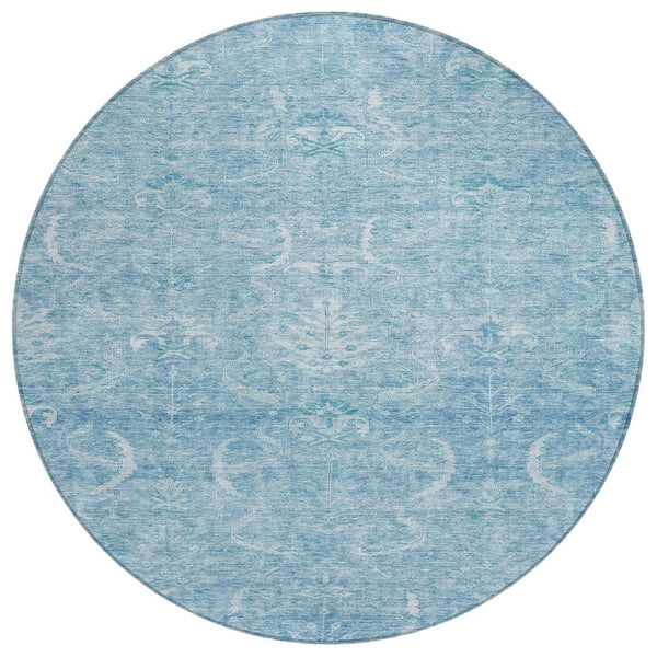 HomeRoots 5' Sky Blue and Ivory Damask Area Rug - Stylish, Washable, Indoor/Outdoor Carpet for High-Traffic Spaces 8' Round 603361