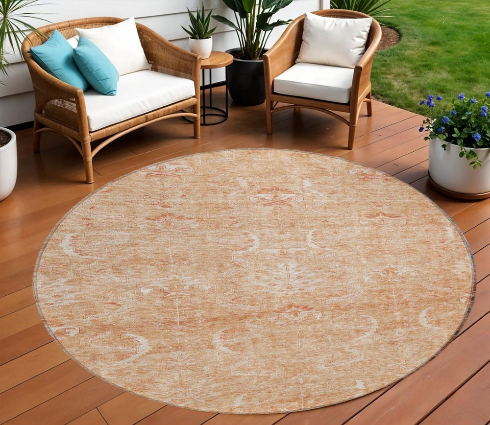 HomeRoots 5' Salmon and Terra Cotta Damask Area Rug - Stylish, Durable, Washable for Indoor or Outdoor Use 8' Round 603367