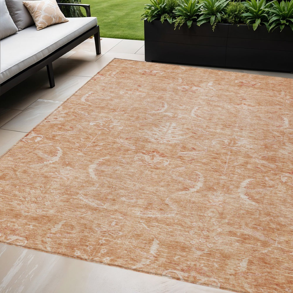 HomeRoots 9' X 12' Salmon and Terra Cotta Damask Area Rug - Stylish, Washable Design for Indoor & Outdoor Use! 603369