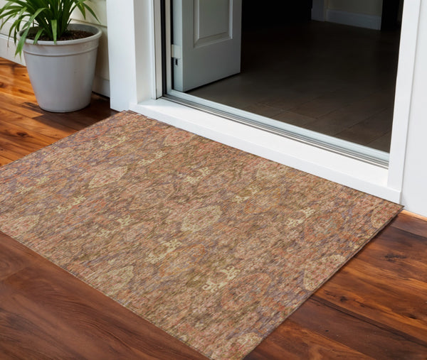Homeroots 3' Brown And Tan Damask Washable Area Rug - Stylish, Durable Indoor Outdoor Decor For Any Space 3' X 5' Polyester 603371