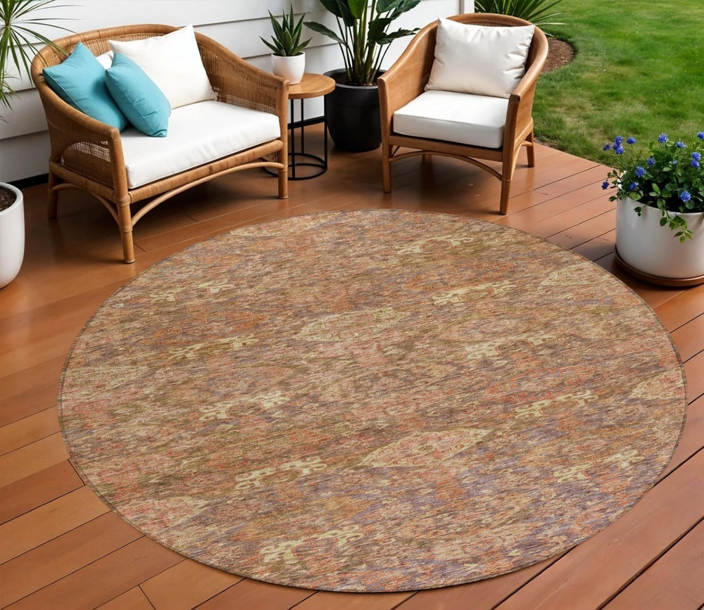 HomeRoots 5' Brown and Tan Damask Area Rug - Stylish Indoor/Outdoor Design, Stain-Resistant, Easy Care, Durable 8' Round 603373
