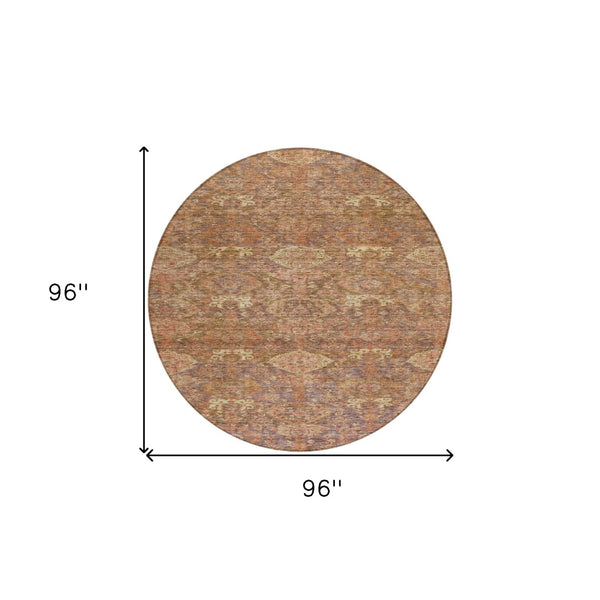 Homeroots 3' Brown And Tan Damask Washable Area Rug - Stylish, Durable Indoor Outdoor Decor For Any Space 8' Round Polyester 603373