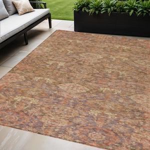 Homeroots 3' Brown And Tan Damask Washable Area Rug - Stylish, Durable Indoor Outdoor Decor For Any Space 9' X 12' Polyester 603375