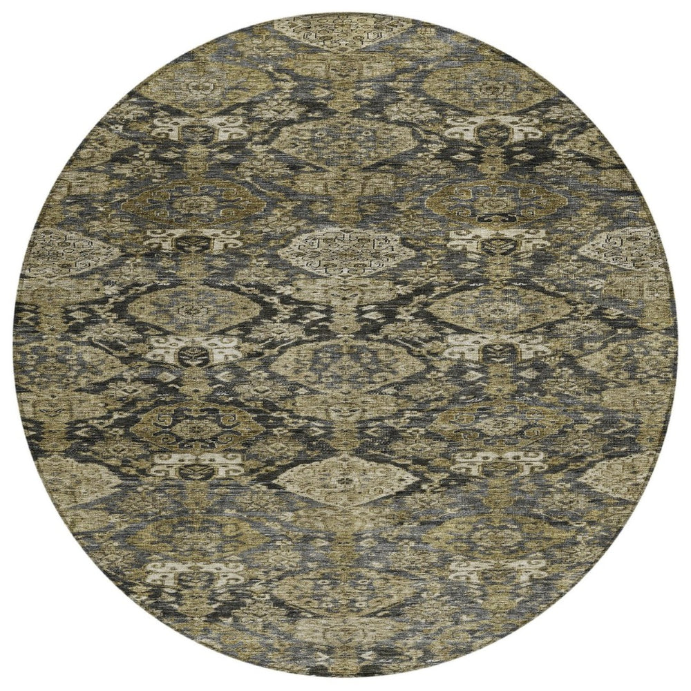 HomeRoots 5' Charcoal and Beige Damask Area Rug - Stylish, Durable, Washable for Indoor & Outdoor Elegance 8' Round 603379
