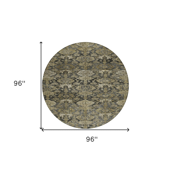 Homeroots 3' Brown And Tan Damask Washable Area Rug - Stylish, Durable Indoor Outdoor Decor For Any Space 8' Round Polyester 603379