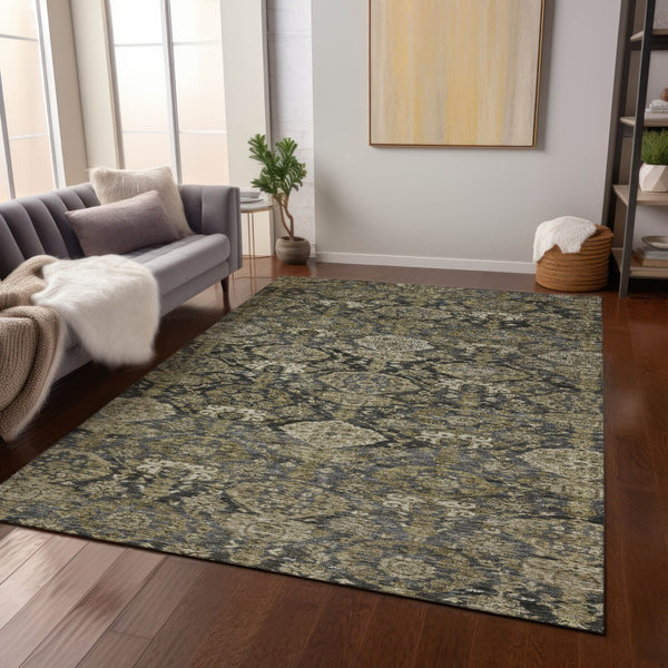 Homeroots 3' Brown And Tan Damask Washable Area Rug - Stylish, Durable Indoor Outdoor Decor For Any Space 10' X 14' Polyester 603382