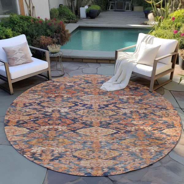 Homeroots 3' Brown And Tan Damask Washable Area Rug - Stylish, Durable Indoor Outdoor Decor For Any Space 8' Round Polyester 603391