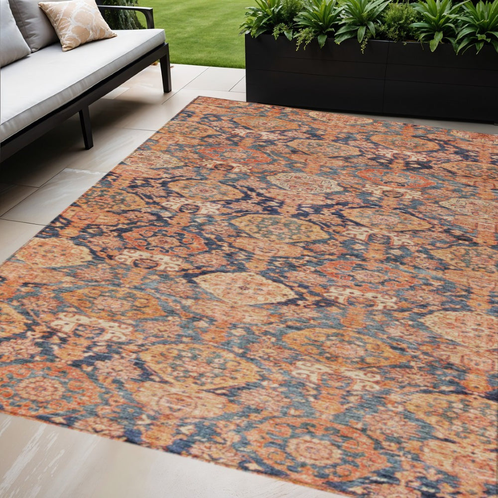 HomeRoots 5' Terra Cotta and Charcoal Damask Area Rug – Durable, Washable, Indoor Outdoor Elegance for Your Home 10' X 14' 603394