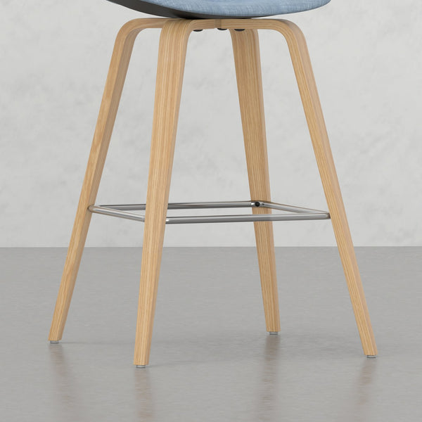 English Elm Harvard Bentwood Counter/Bar Height Stool Set of 2 - Denim Blue Linen-Look Seats, Mid-Century Wood Frame, Chrome Footrest B2732P253615