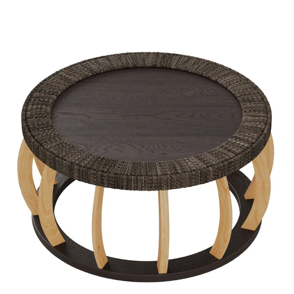 English Elm 35.43"vintage Woven Rattan Round Coffee Table Curved Wood Legs Boho Living Room W757P445115