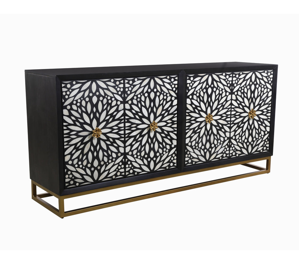 Basset Mirror Cameron Server - Elegant Matte Black Mango Wood Design With Unique Floral Hardware For Dining Areas Black Wood,Bone,Metal 6034-dr-576
