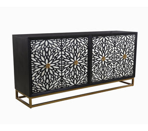 Basset Mirror Cameron Server - Elegant Matte Black Mango Wood Design With Unique Floral Hardware For Dining Areas Black Wood,Bone,Metal 6034-dr-576