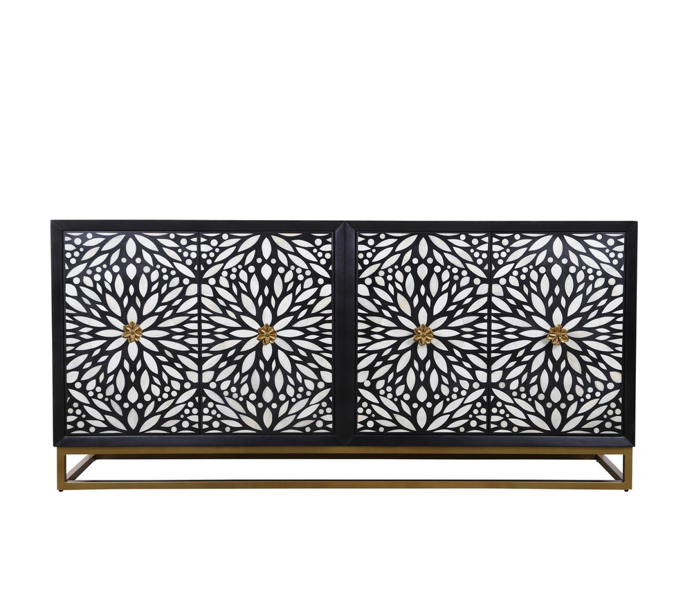 Basset Mirror Cameron Server - Elegant Matte Black Mango Wood Design With Unique Floral Hardware For Dining Areas Black Wood,Bone,Metal 6034-dr-576