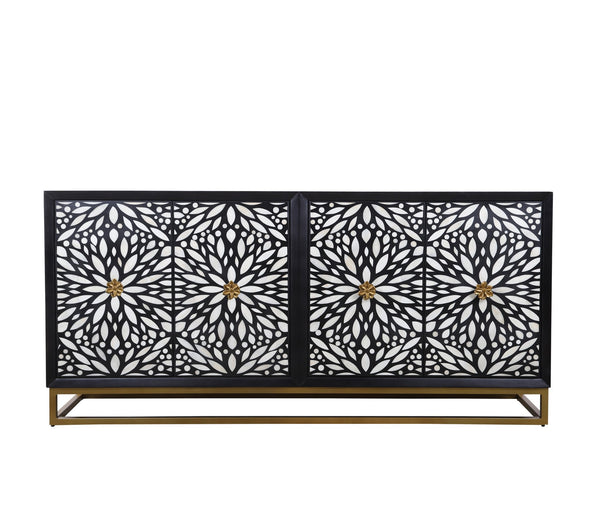 Basset Mirror Cameron Server - Elegant Matte Black Mango Wood Design With Unique Floral Hardware For Dining Areas Black Wood,Bone,Metal 6034-dr-576