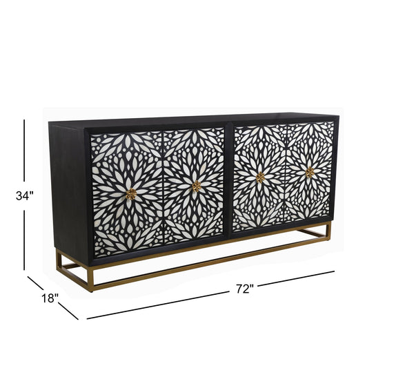 Basset Mirror Cameron Server - Elegant Matte Black Mango Wood Design With Unique Floral Hardware For Dining Areas Black Wood,Bone,Metal 6034-dr-576